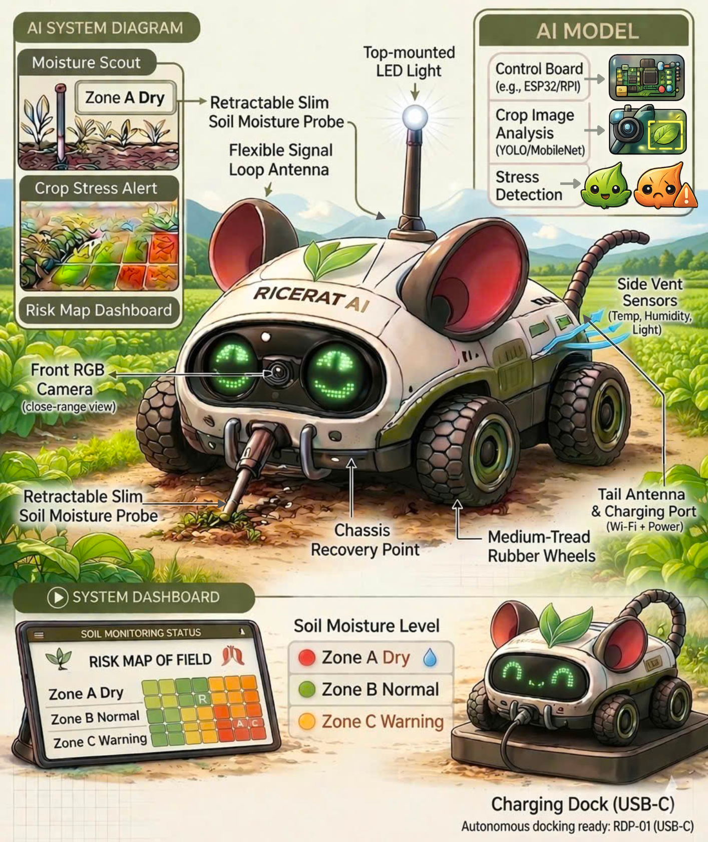 RiceRat AI system design — Front RGB Camera, Retractable Slim Soil Moisture Probe, Side Vent Sensors, Control Board, AI System Diagram, and System Dashboard