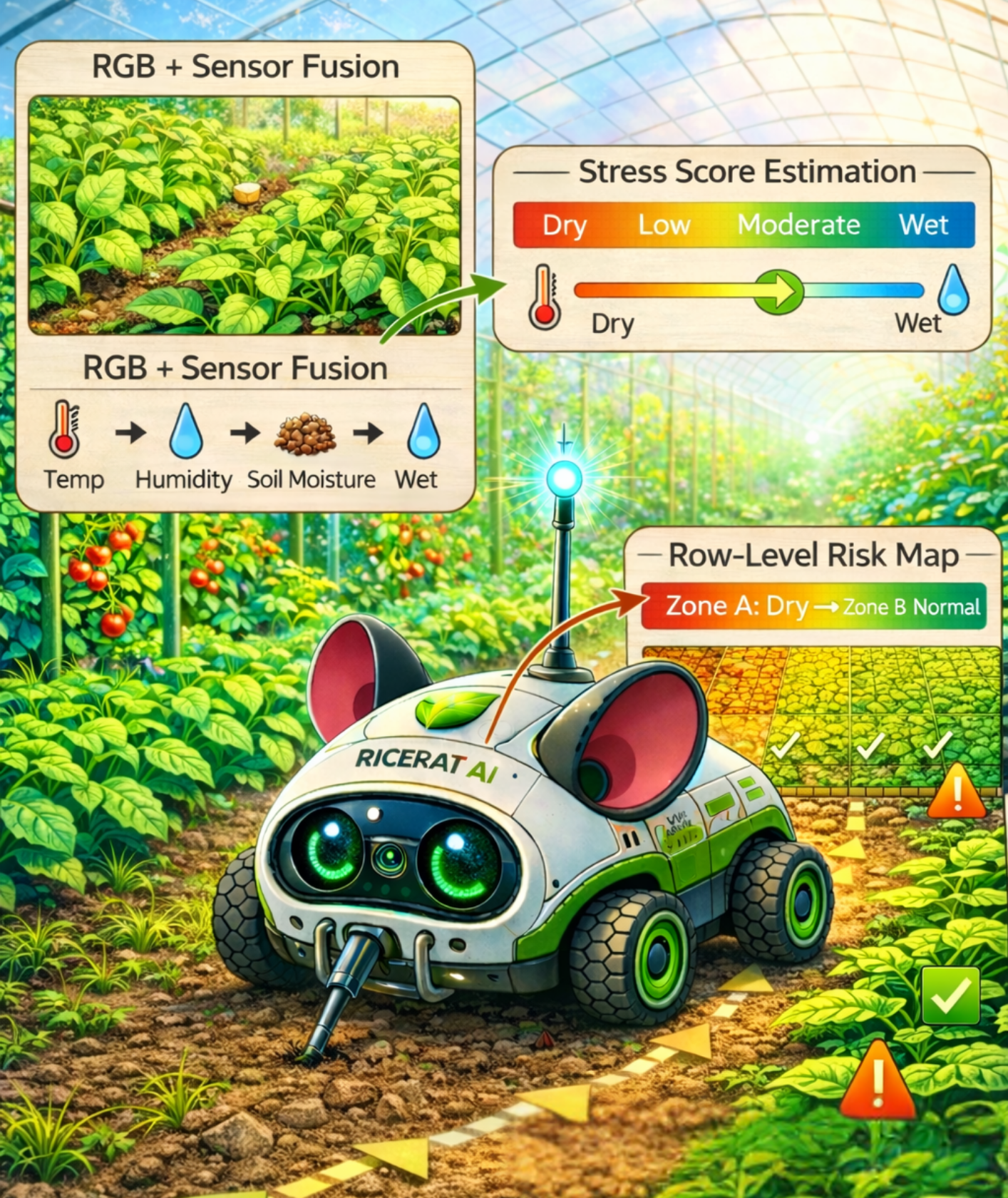 RiceRat AI routine — RGB + Sensor Fusion, Stress Score Estimation, Row-Level Risk Map